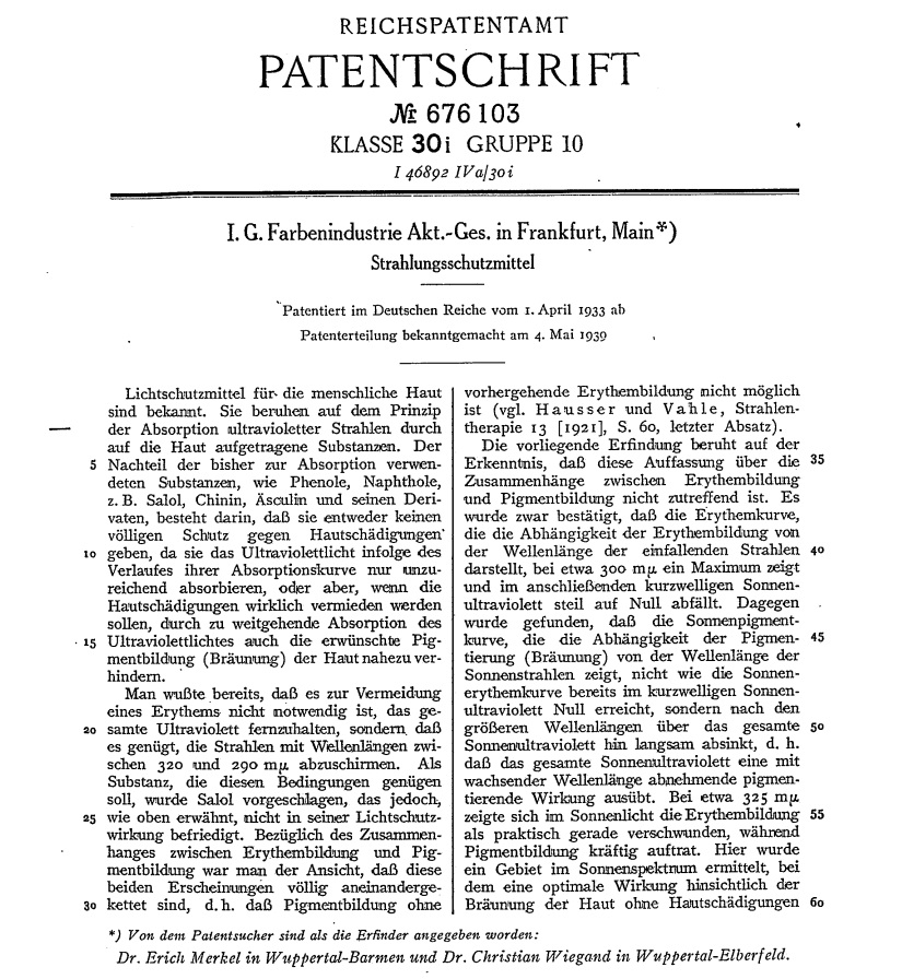 Patent DE676103A == Erich Merkel/Christian Wiegand, Patent DE676103A, Strahlenschutzmittel, angemeldet am 31.3.1933, veröffentlicht am 25.5.1939, S. 1 (Ausschnitt), Quelle: DEPATISnet. Datenbank zu Patentveröffentlichungen aus aller Welt (Onlineressource).