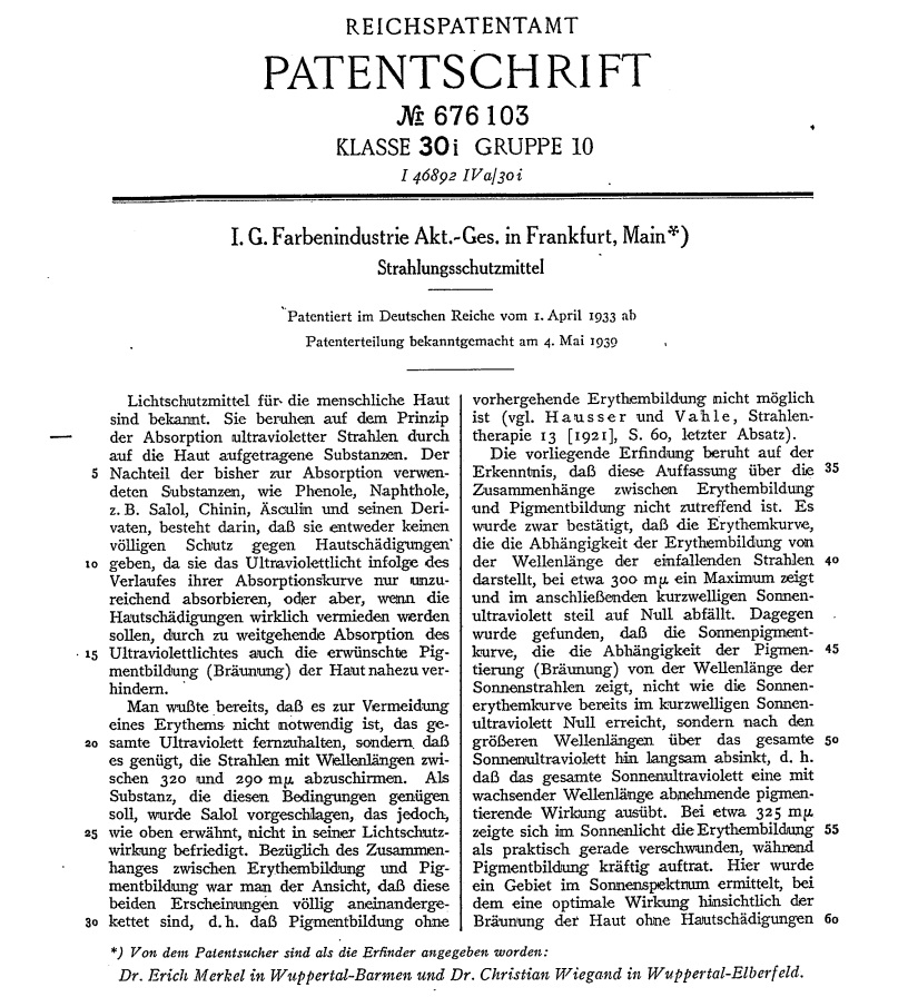  Patent DE676103A == Erich Merkel/Christian Wiegand, Patent DE676103A, Strahlenschutzmittel, angemeldet am 31.3.1933, veröffentlicht am 25.5.1939, Seite 1 (Ausschnitt), Quelle: Patentinformationssystem des Deutschen Patent- und Markenamts (<a  href="https://depatisnet.dpma.de/DepatisNet/depatisnet?action=pdf&firstdoc=1&docid=DE000000676103A">Onlineressource</a>).